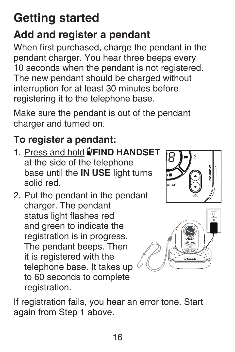 Add and register a pendant, Getting started | VTech SN6187 Abridged manual User Manual | Page 23 / 125