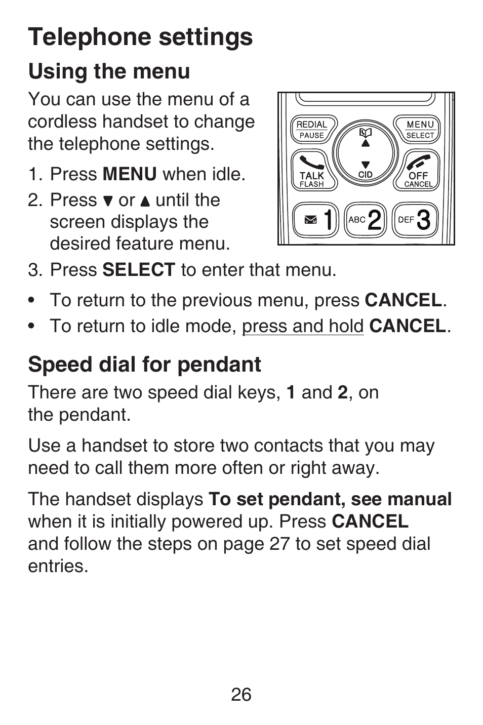 Telephone settings, Using the menu, Speed dial for pendant | Using the menu speed dial for pendant | VTech SN6187 Abridged manual User Manual | Page 33 / 125