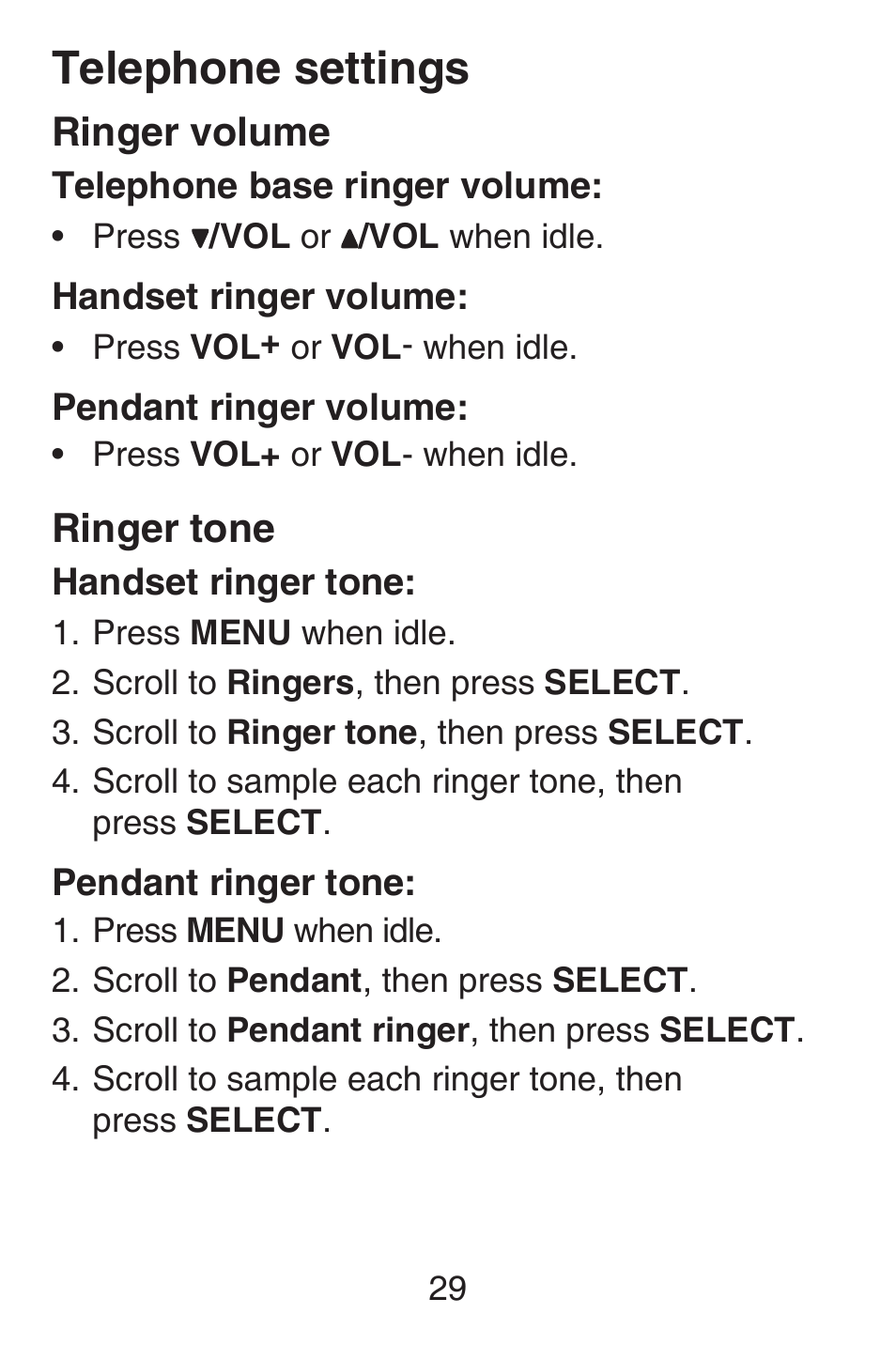 Ringer volume, Ringer tone, Ringer volume ringer tone | Telephone settings | VTech SN6187 Abridged manual User Manual | Page 36 / 125