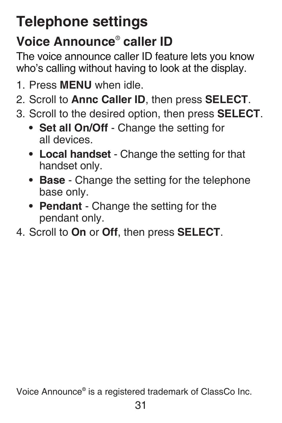 Voice announce￼ caller id, Voice announce, Caller id | Telephone settings, Voice announce caller id | VTech SN6187 Abridged manual User Manual | Page 38 / 125