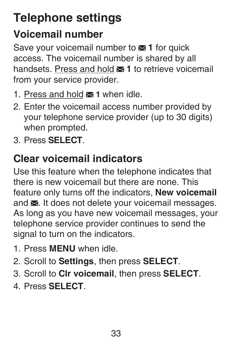 Voicemail number, Clear voicemail indicators, Voicemail number clear voicemail | Indicators, Telephone settings | VTech SN6187 Abridged manual User Manual | Page 40 / 125