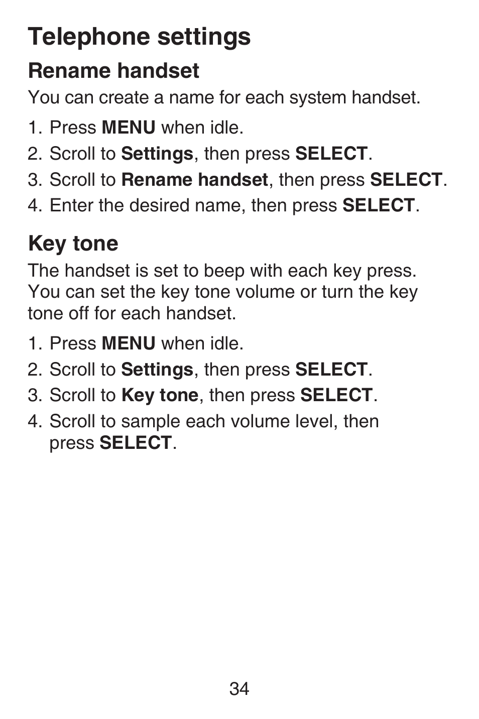 Rename handset, Key tone, Rename handset key tone | Telephone settings | VTech SN6187 Abridged manual User Manual | Page 41 / 125