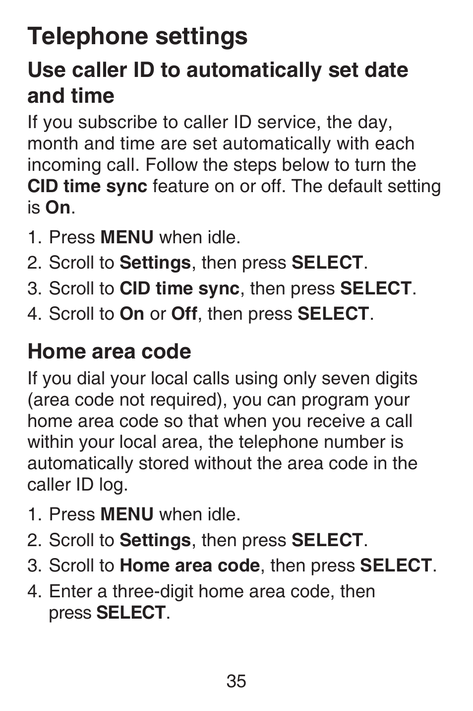 Use caller id to automatically set date and time, Home area code, Use caller id to | Automatically set date, And time, Telephone settings | VTech SN6187 Abridged manual User Manual | Page 42 / 125