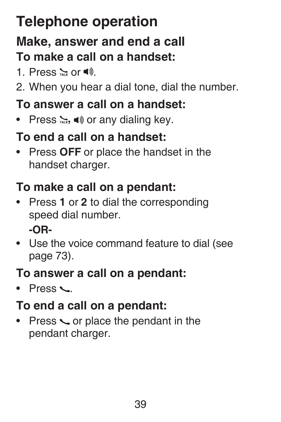 Making and answering a call, Last number redial, Ringer volume control | Handset volume control, Telephone operation, Make, answer and end a call, Make, answer and end, A call, Telephone settings | VTech SN6187 Abridged manual User Manual | Page 46 / 125