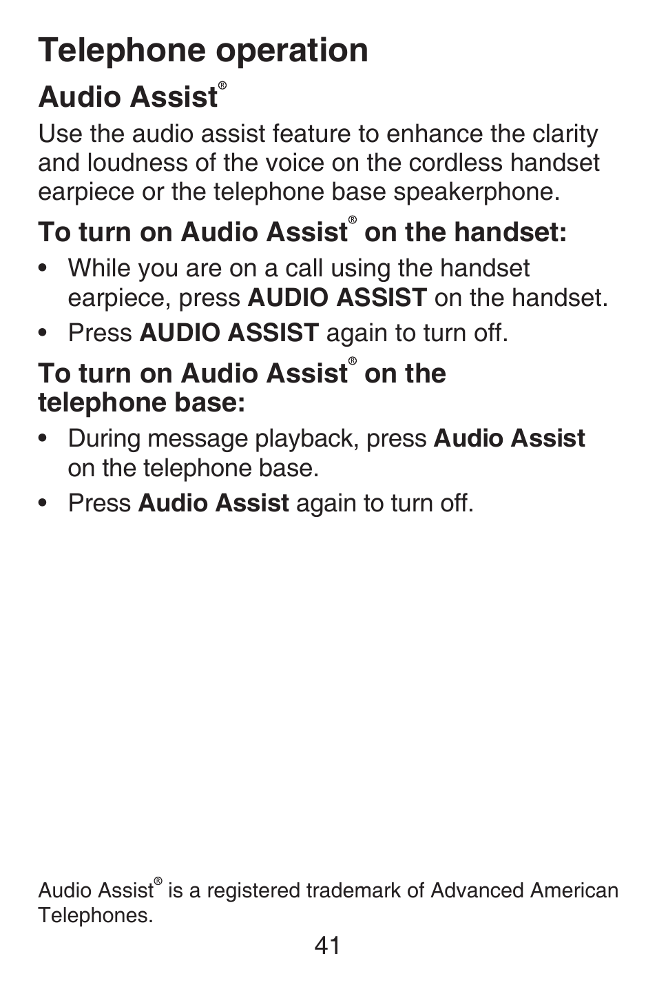 Memory overview, Storing a number in a one-touch location, Audio assist | Telephone operation | VTech SN6187 Abridged manual User Manual | Page 48 / 125