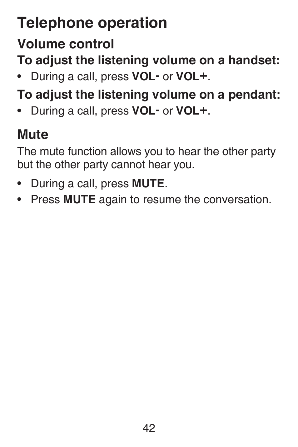 Volume control, Mute, Volume control mute | Telephone operation | VTech SN6187 Abridged manual User Manual | Page 49 / 125