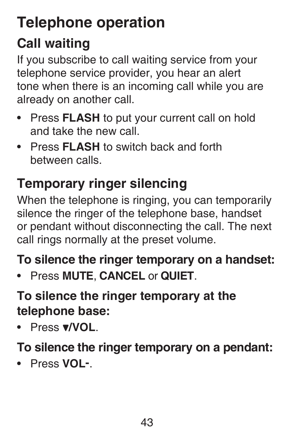 Dialing a number stored in the one-touch location, Storing a number in a two-touch location, Dialing a number stored in the two-touch location | Call waiting, Temporary ringer silencing, Call waiting temporary ringer, Silencing, Telephone operation | VTech SN6187 Abridged manual User Manual | Page 50 / 125