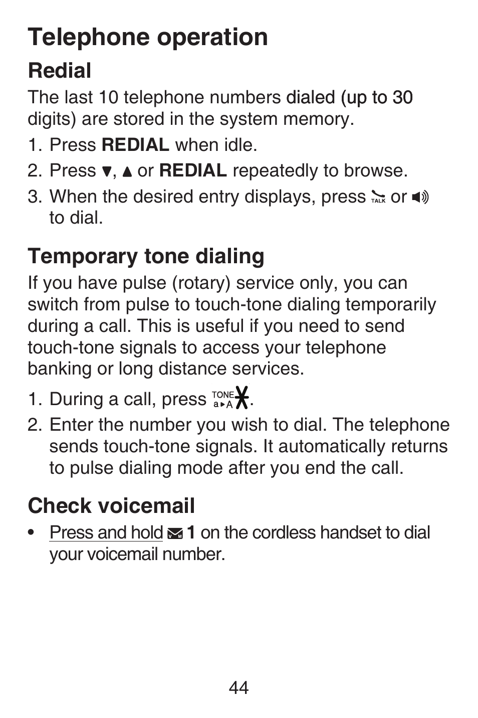 Redial, Temporary tone dialing, Check voicemail | Redial temporary tone dialing check voicemail, Telephone operation | VTech SN6187 Abridged manual User Manual | Page 51 / 125