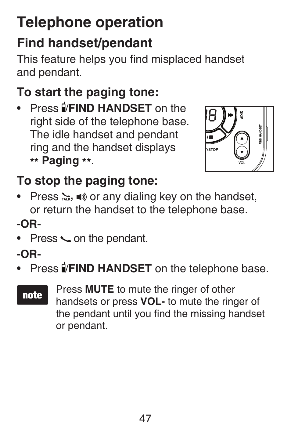 Find handset/pendant, Telephone operation | VTech SN6187 Abridged manual User Manual | Page 54 / 125