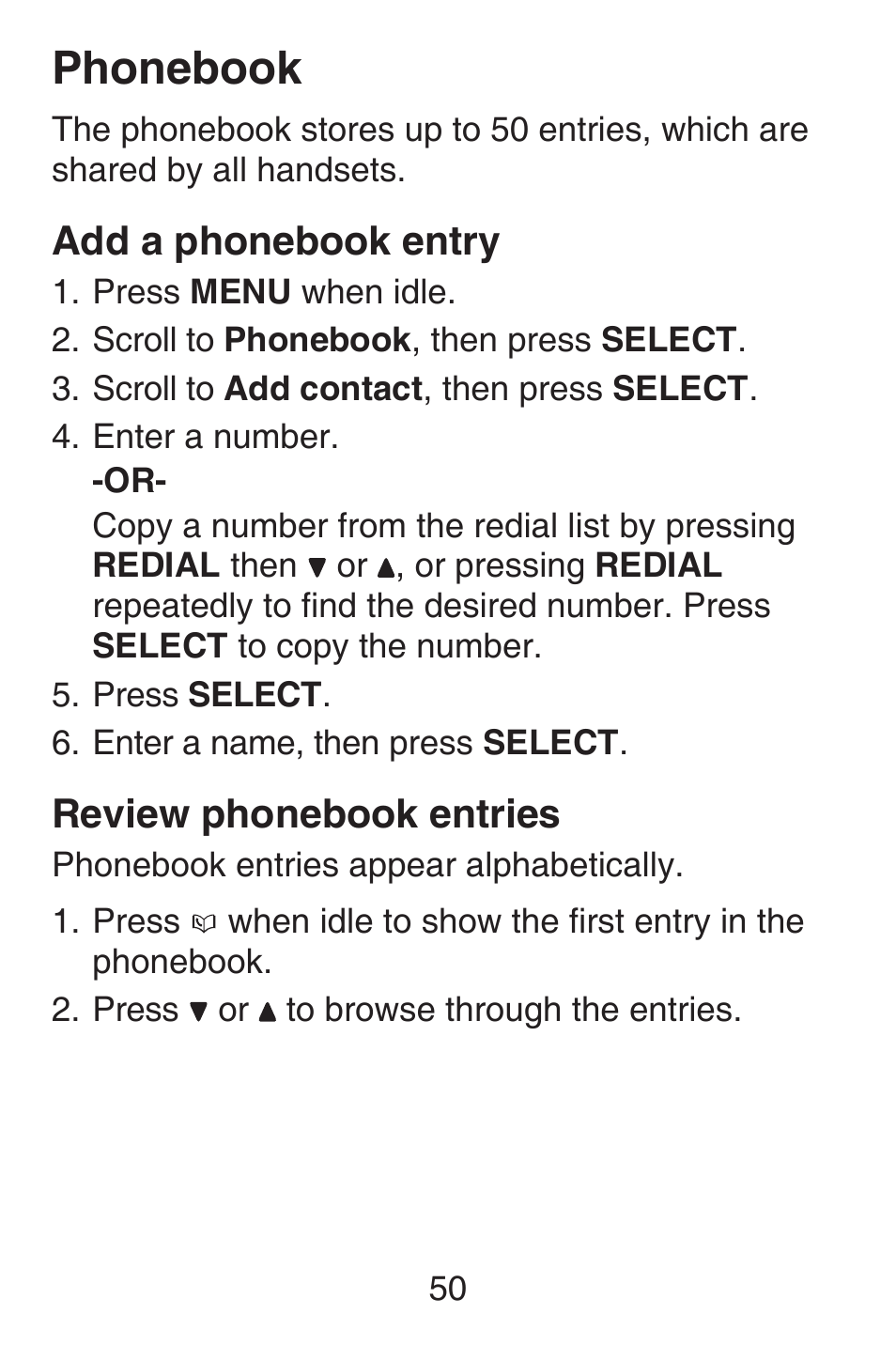 Phonebook, Add a phonebook entry, Review phonebook entries | Add a phonebook entry review phonebook, Entries | VTech SN6187 Abridged manual User Manual | Page 57 / 125