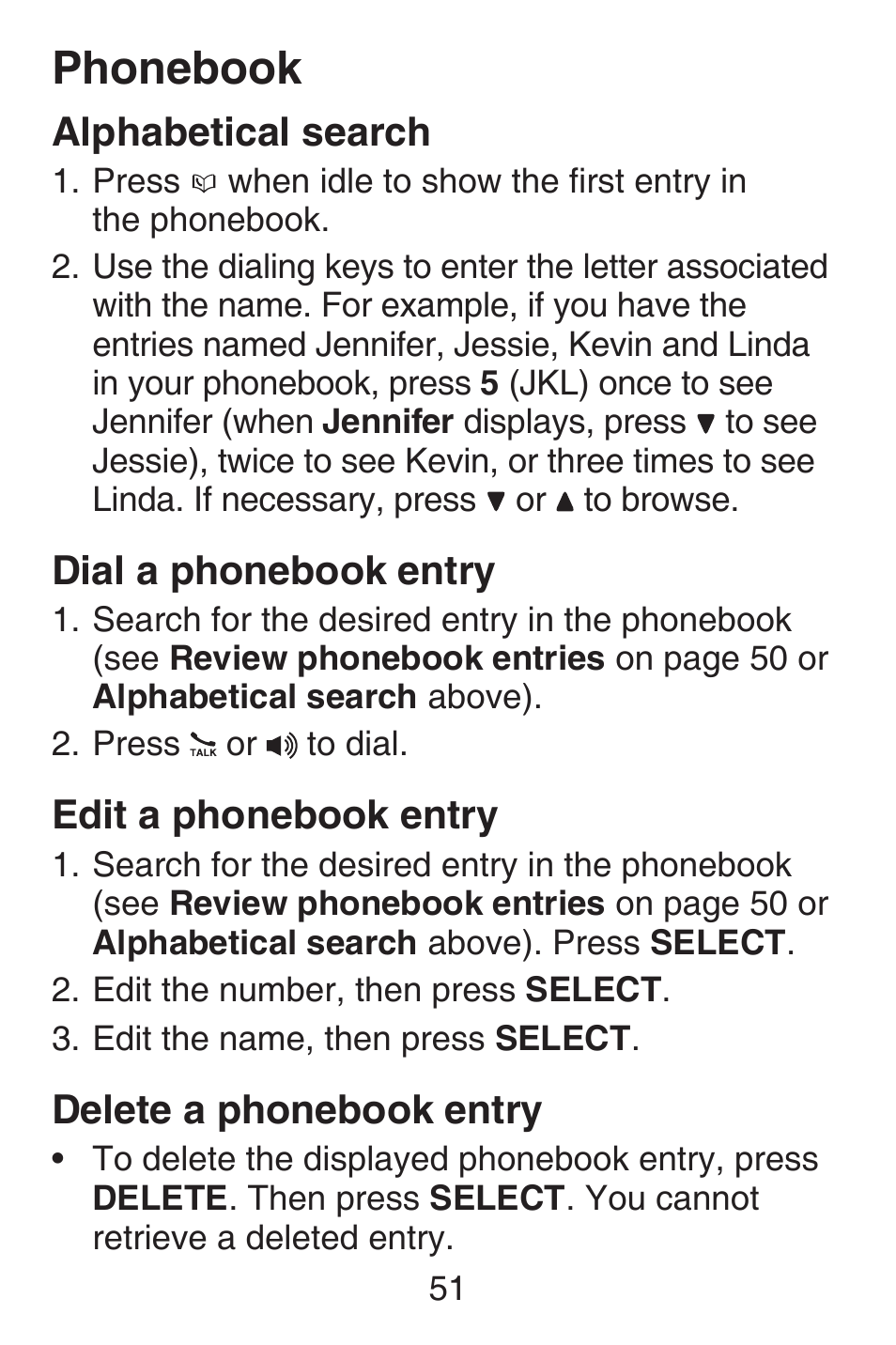 Storing a call history record into directory, Alphabetical search, Edit a phonebook entry | Delete a phonebook entry, Edit a phonebook entry delete a phonebook entry 51, Phonebook, Dial a phonebook entry | VTech SN6187 Abridged manual User Manual | Page 58 / 125