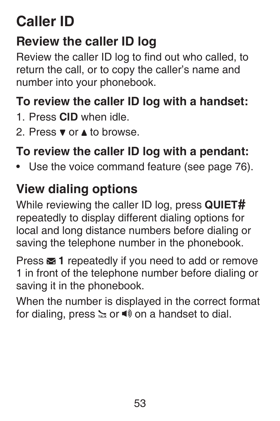 Review the caller id log, View dialing options, Review the caller id log view dialing options | Caller id | VTech SN6187 Abridged manual User Manual | Page 60 / 125