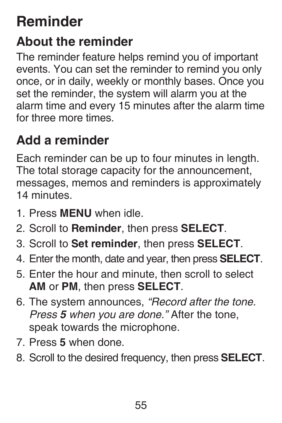 Reminder, About the reminder, Add a reminder | About the reminder add a reminder, Caller id | VTech SN6187 Abridged manual User Manual | Page 62 / 125