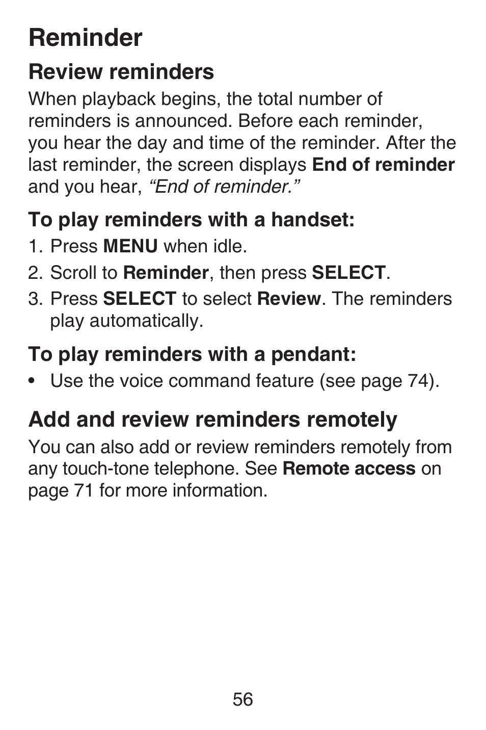 Review reminders, Add and review reminders remotely, Review reminders add and review reminders | Remotely, Reminder | VTech SN6187 Abridged manual User Manual | Page 63 / 125