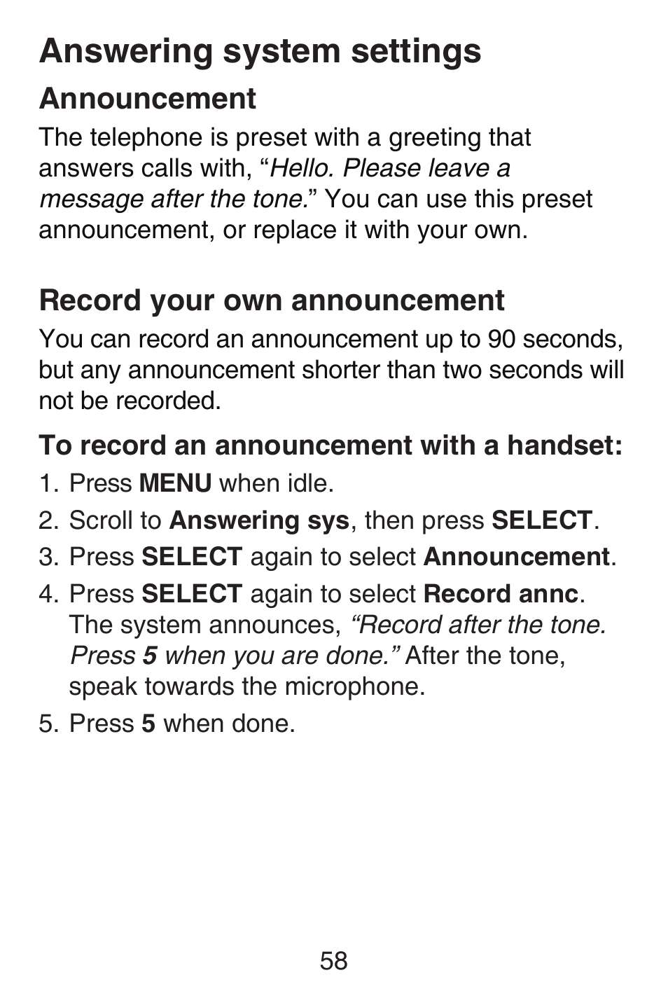 Announcement, Record your own announcement, Announcement record your own | Answering system settings | VTech SN6187 Abridged manual User Manual | Page 65 / 125