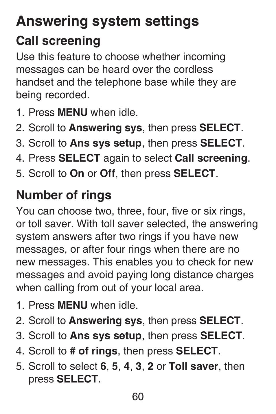 Call screening, Number of rings, Call screening number of rings | Answering system settings | VTech SN6187 Abridged manual User Manual | Page 67 / 125