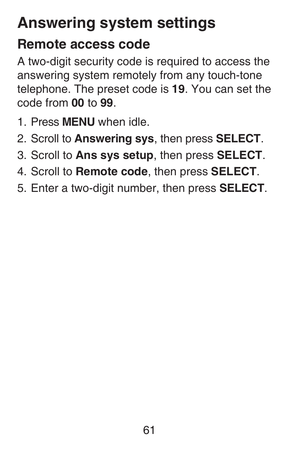 Remote access code, Answering system settings | VTech SN6187 Abridged manual User Manual | Page 68 / 125