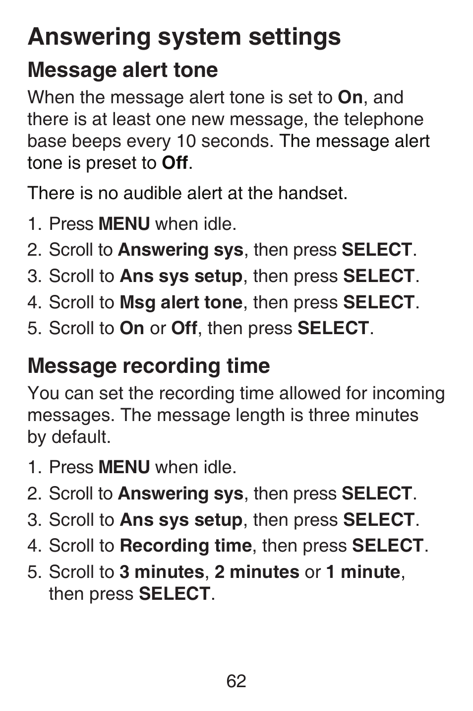 Message alert tone, Message recording time, Message alert tone message recording time | Answering system settings | VTech SN6187 Abridged manual User Manual | Page 69 / 125