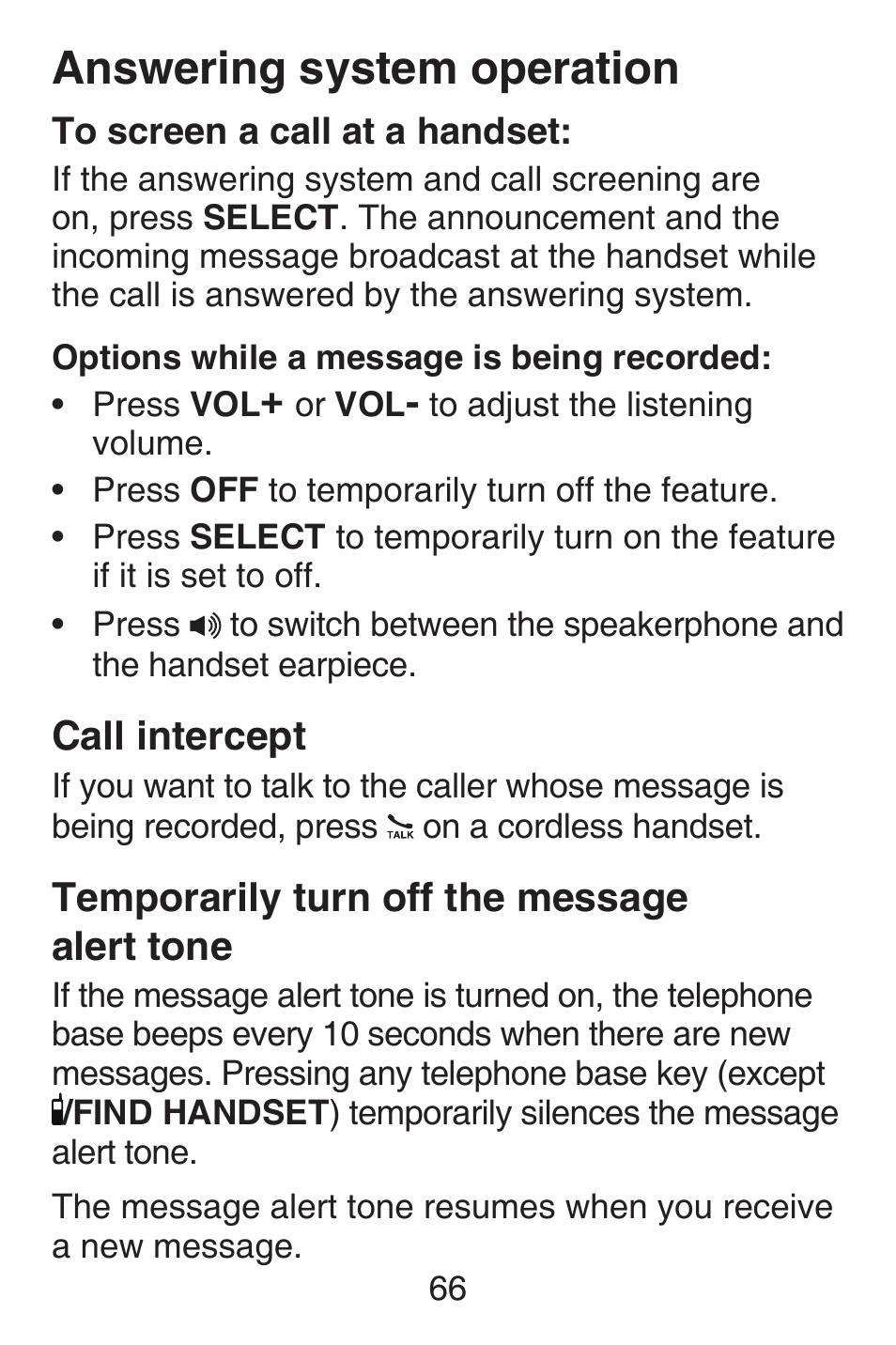 Call intercept, Temporarily turn off the message alert tone, Call intercept temporarily turn off the | Message alert tone, Answering system operation | VTech SN6187 Abridged manual User Manual | Page 73 / 125