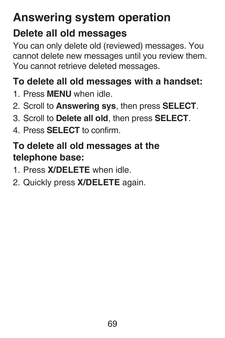 Delete all old messages, Answering system operation | VTech SN6187 Abridged manual User Manual | Page 76 / 125