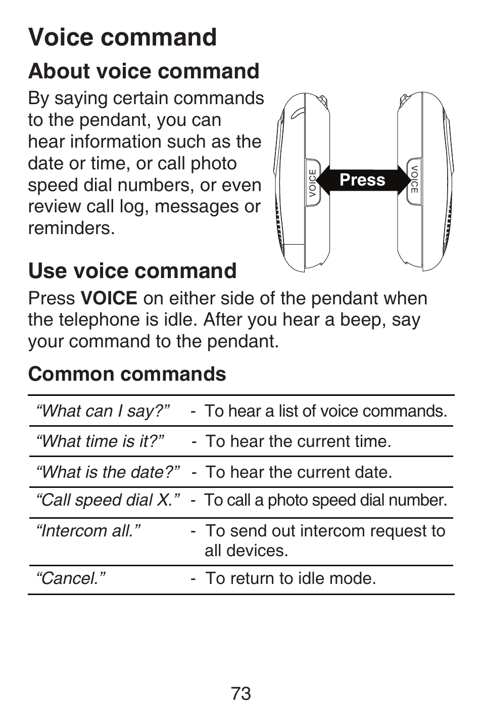 Voice command, About voice command, Use voice command | About voice command use voice command, Answering system operation, Common commands | VTech SN6187 Abridged manual User Manual | Page 80 / 125