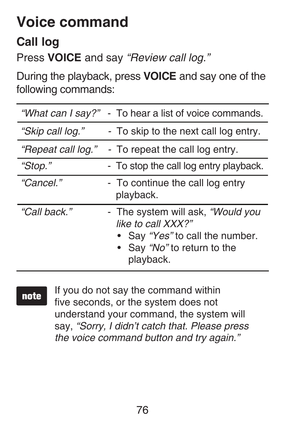 Voice command, Call log | VTech SN6187 Abridged manual User Manual | Page 83 / 125