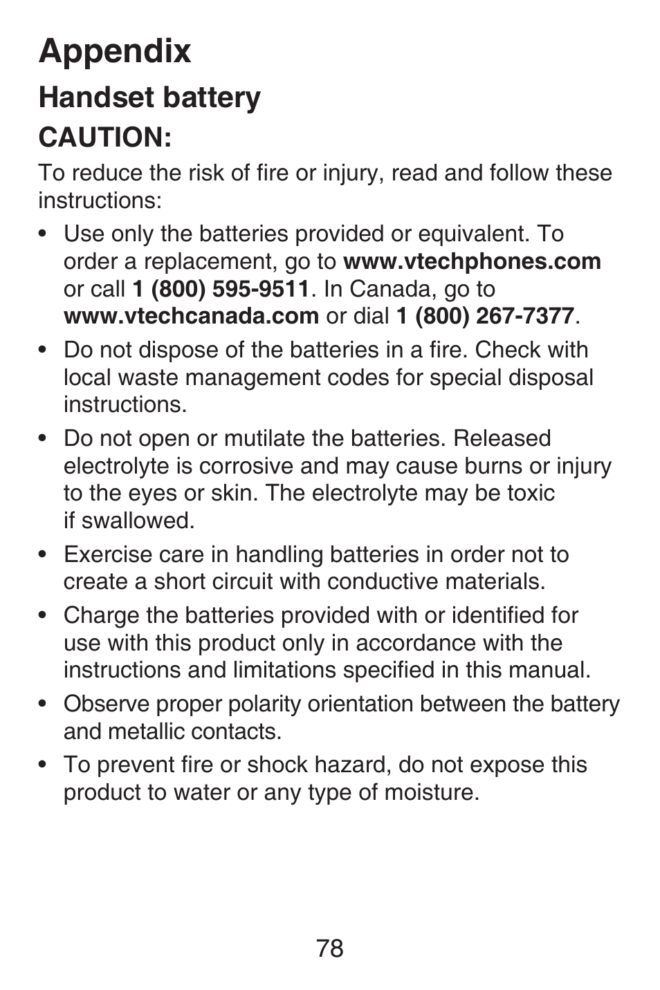 Appendix, Handset battery, Caution | VTech SN6187 Abridged manual User Manual | Page 85 / 125