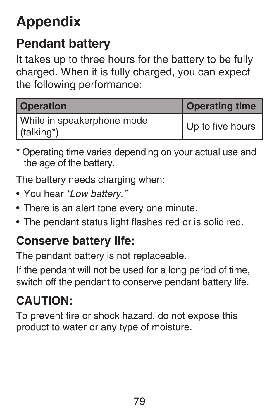 Pendant battery, Appendix, Conserve battery life | Caution | VTech SN6187 Abridged manual User Manual | Page 86 / 125