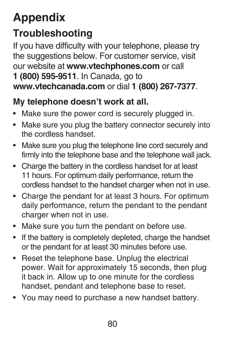 Troubleshooting, Appendix | VTech SN6187 Abridged manual User Manual | Page 87 / 125