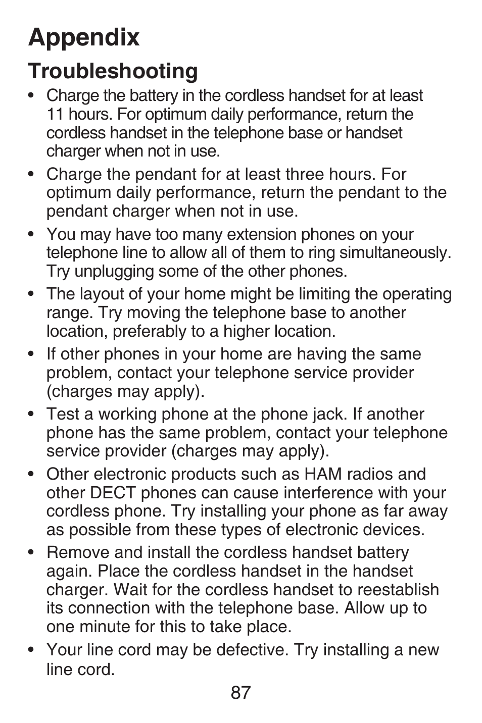 Appendix, Troubleshooting | VTech SN6187 Abridged manual User Manual | Page 94 / 125