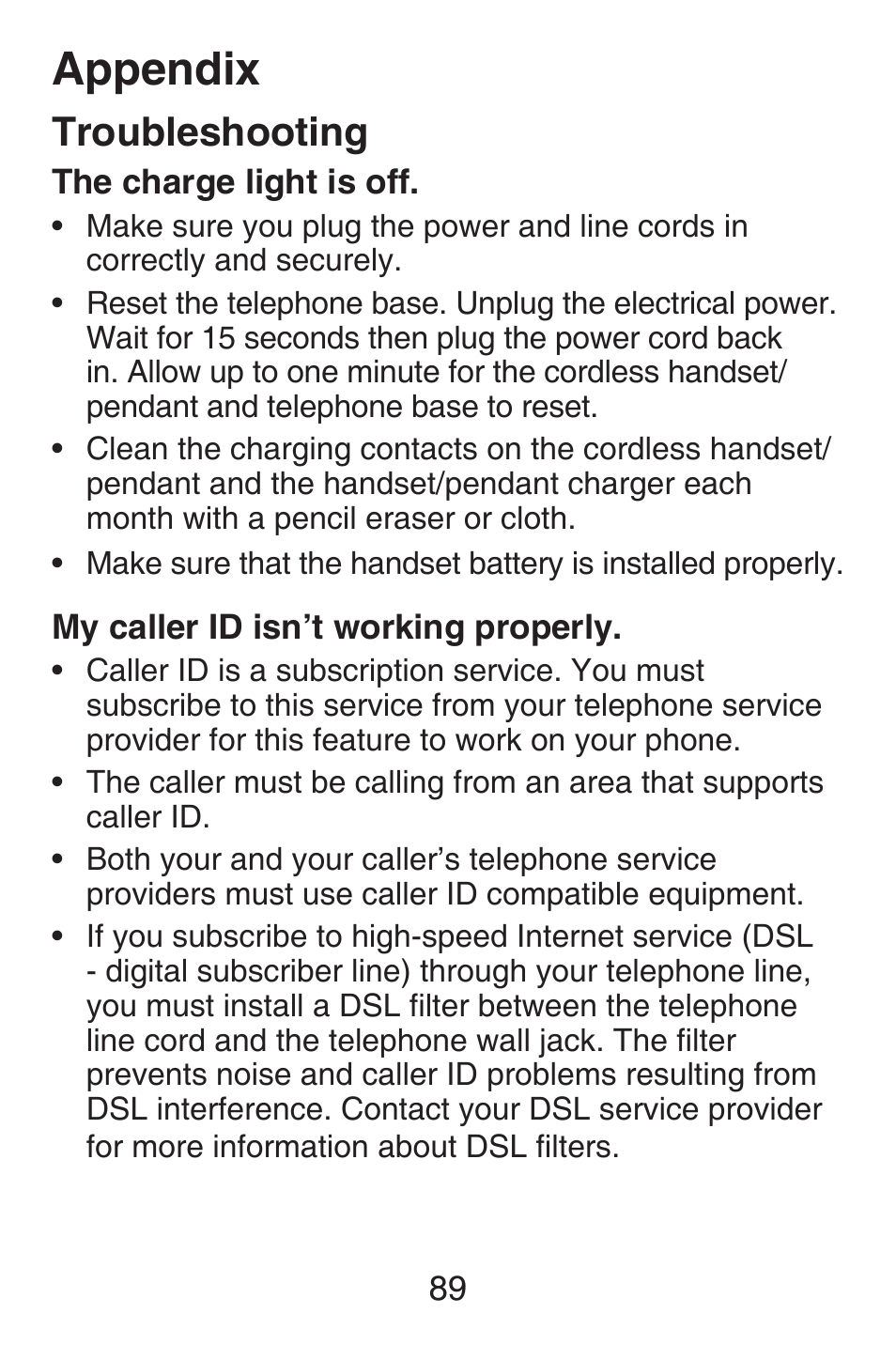 Appendix, Troubleshooting | VTech SN6187 Abridged manual User Manual | Page 96 / 125