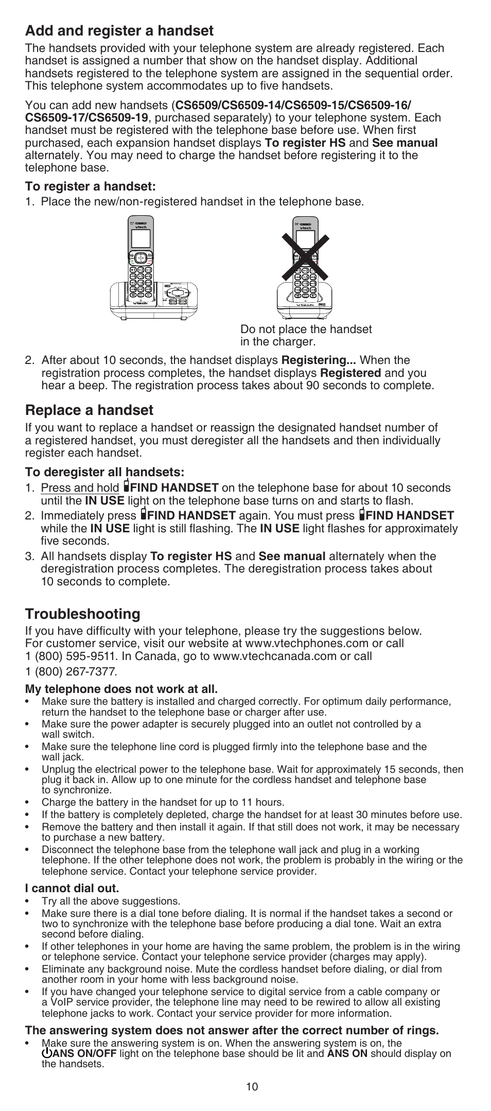 Add and register a handset, Replace a handset, Troubleshooting | VTech CS6529-4B Abridged manual User Manual | Page 10 / 14