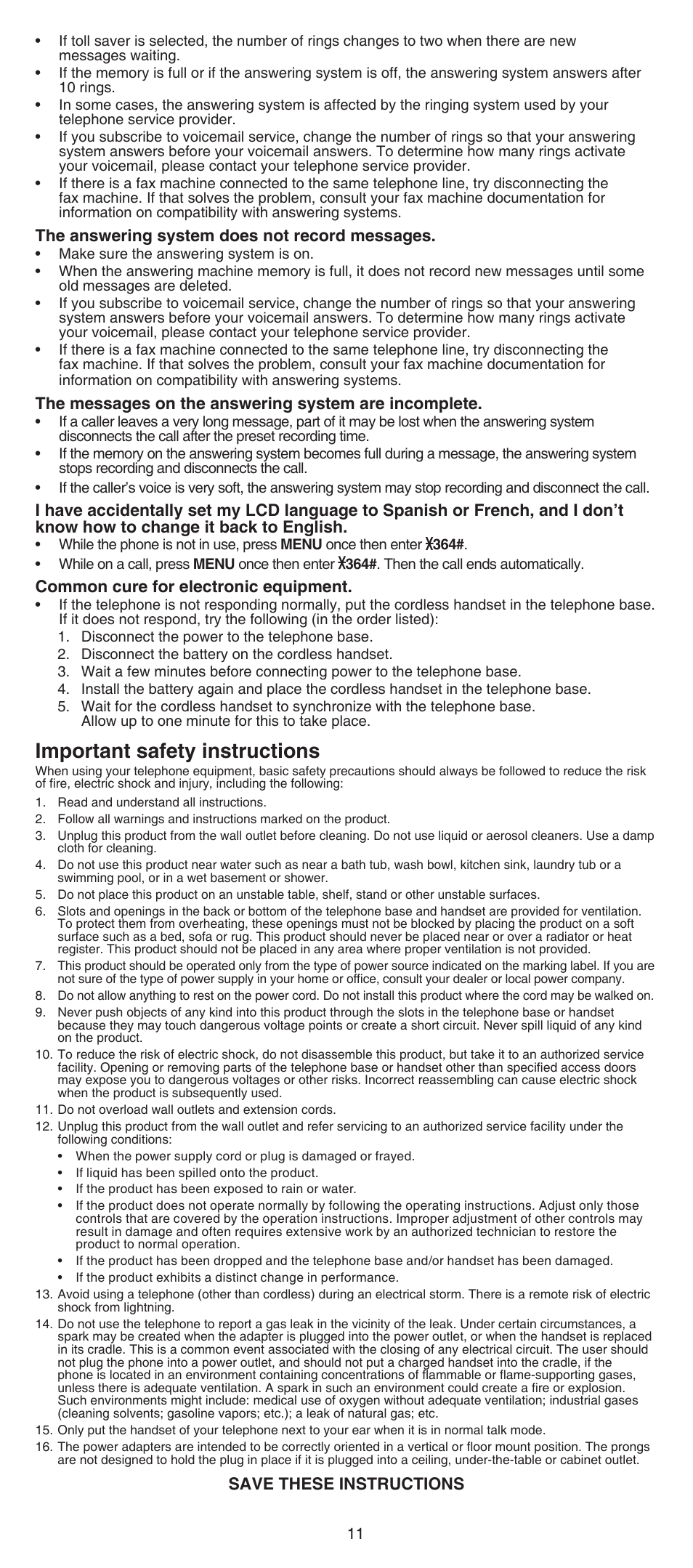 Important safety instructions, The answering system does not record messages, Common cure for electronic equipment | Save these instructions | VTech CS6529-4B Abridged manual User Manual | Page 11 / 14