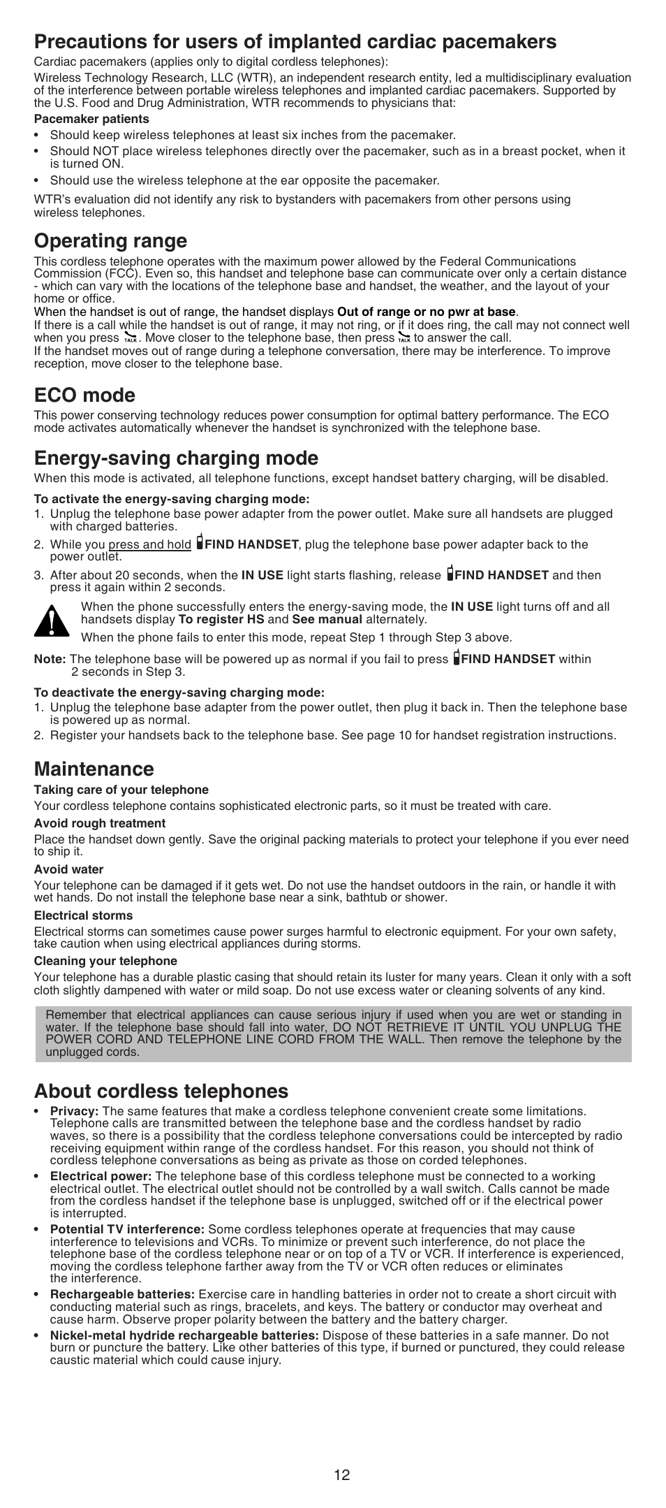 Operating range, Eco mode, Maintenance | About cordless telephones, Energy-saving charging mode | VTech CS6529-4B Abridged manual User Manual | Page 12 / 14