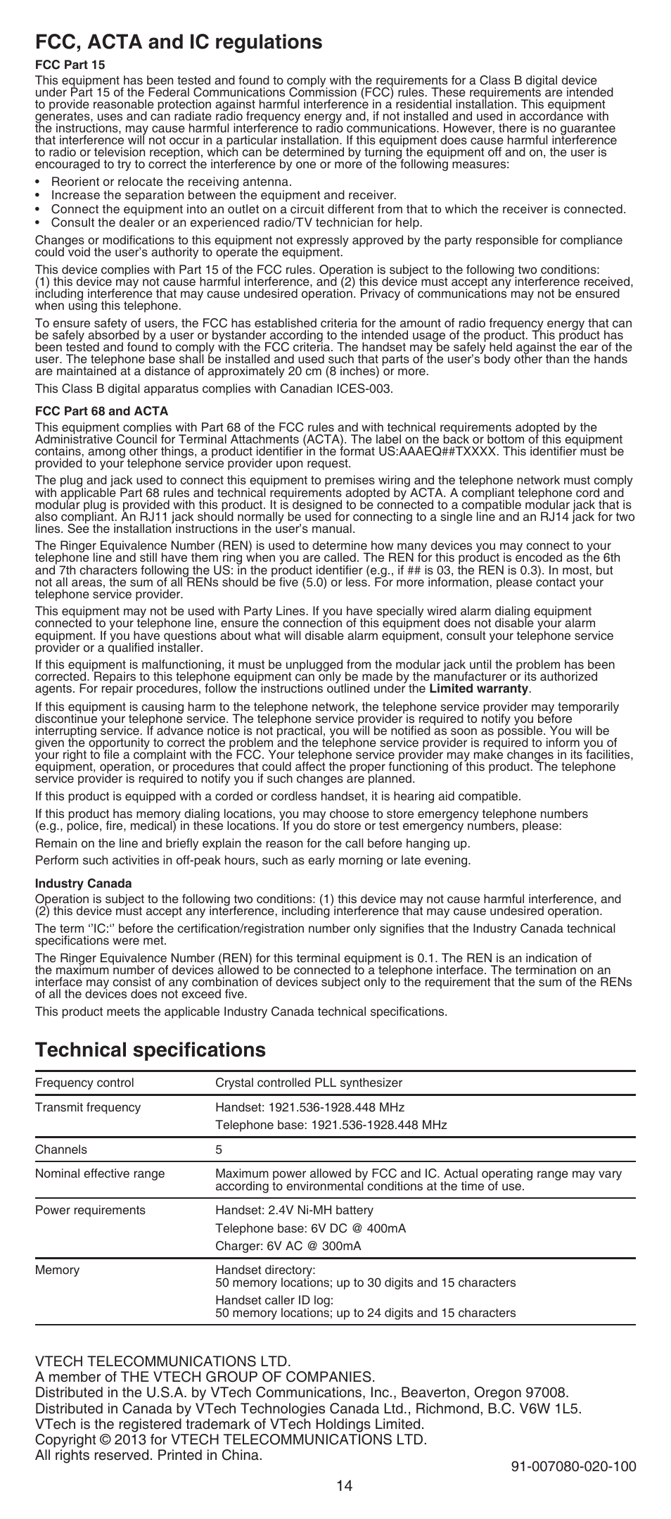 Fcc, acta and ic regulations, Technical specifications | VTech CS6529-4B Abridged manual User Manual | Page 14 / 14