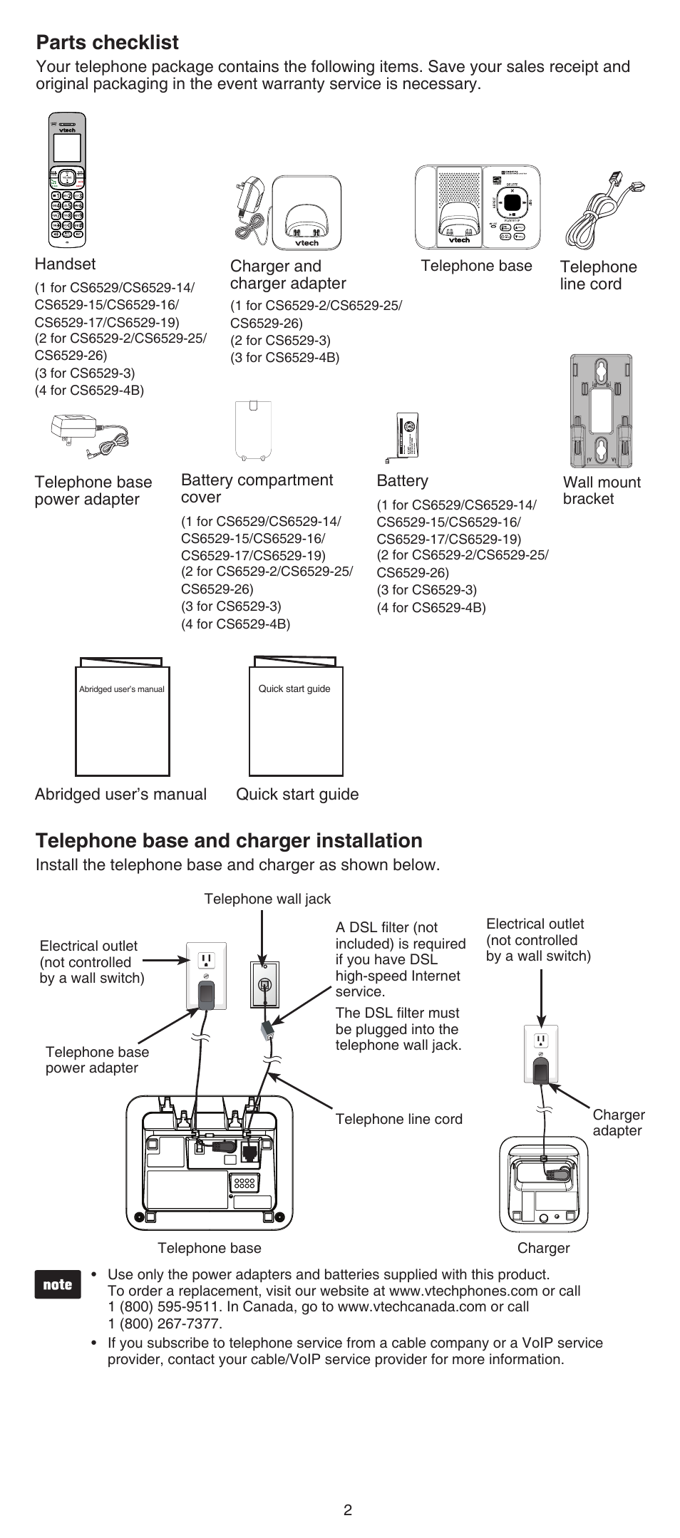 Telephone base and charger installation, Parts checklist | VTech CS6529-4B Abridged manual User Manual | Page 2 / 14