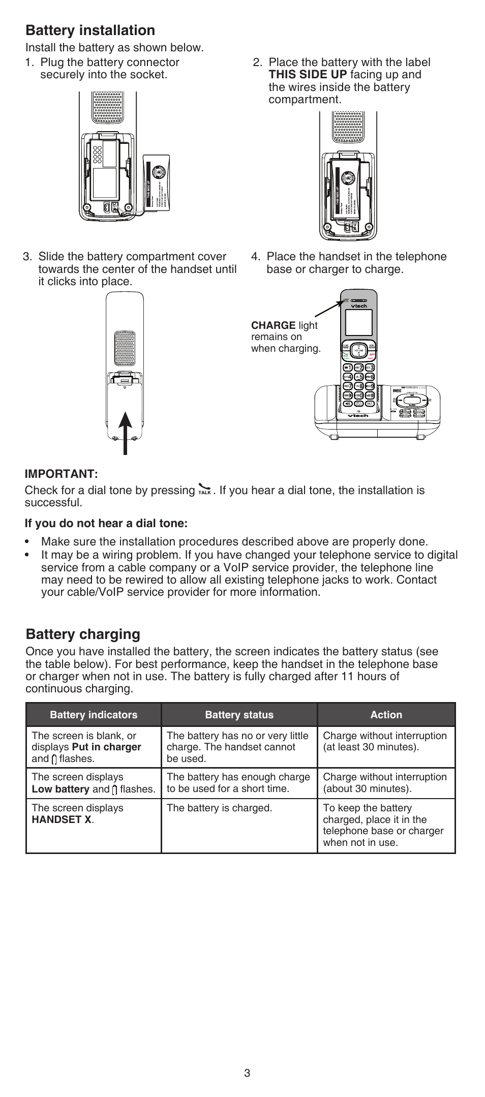 Battery installation, Battery charging | VTech CS6529-4B Abridged manual User Manual | Page 3 / 14