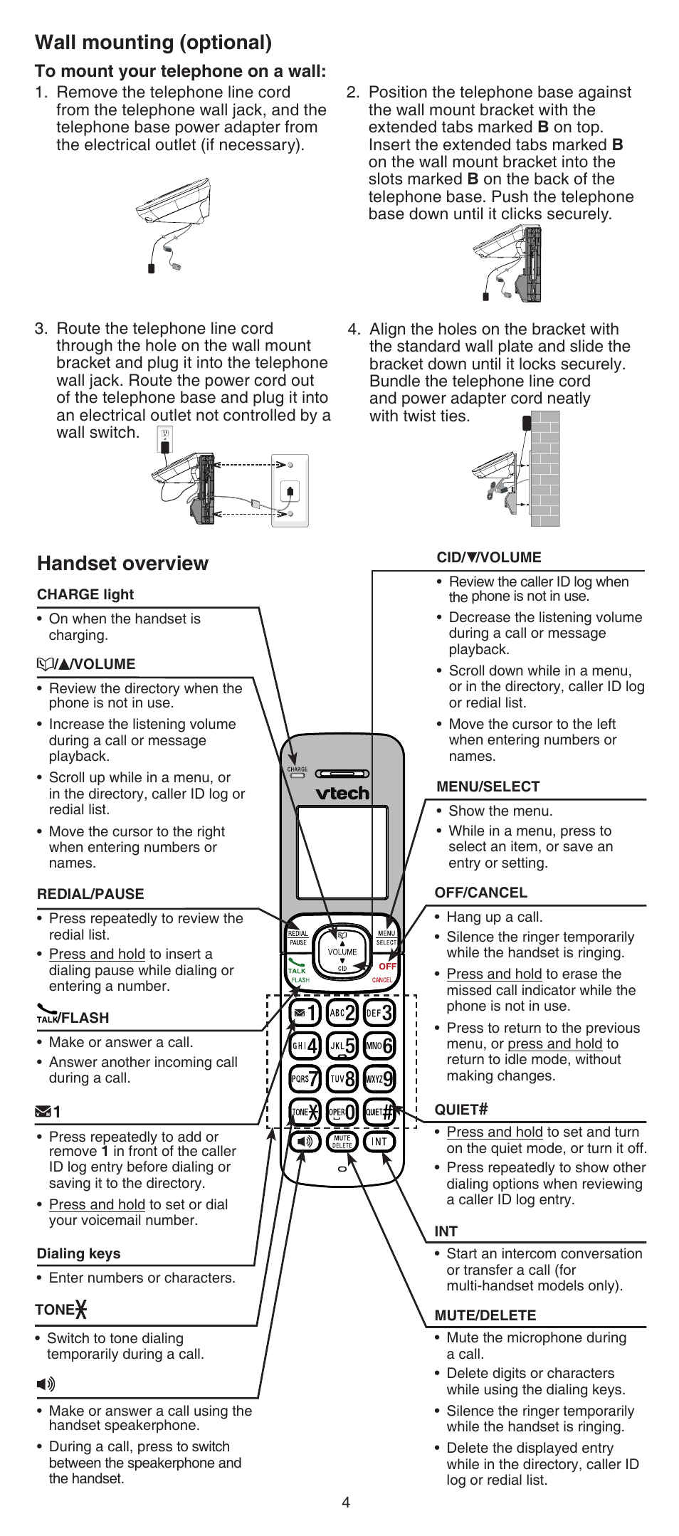 Handset overview, Wall mounting (optional) | VTech CS6529-4B Abridged manual User Manual | Page 4 / 14