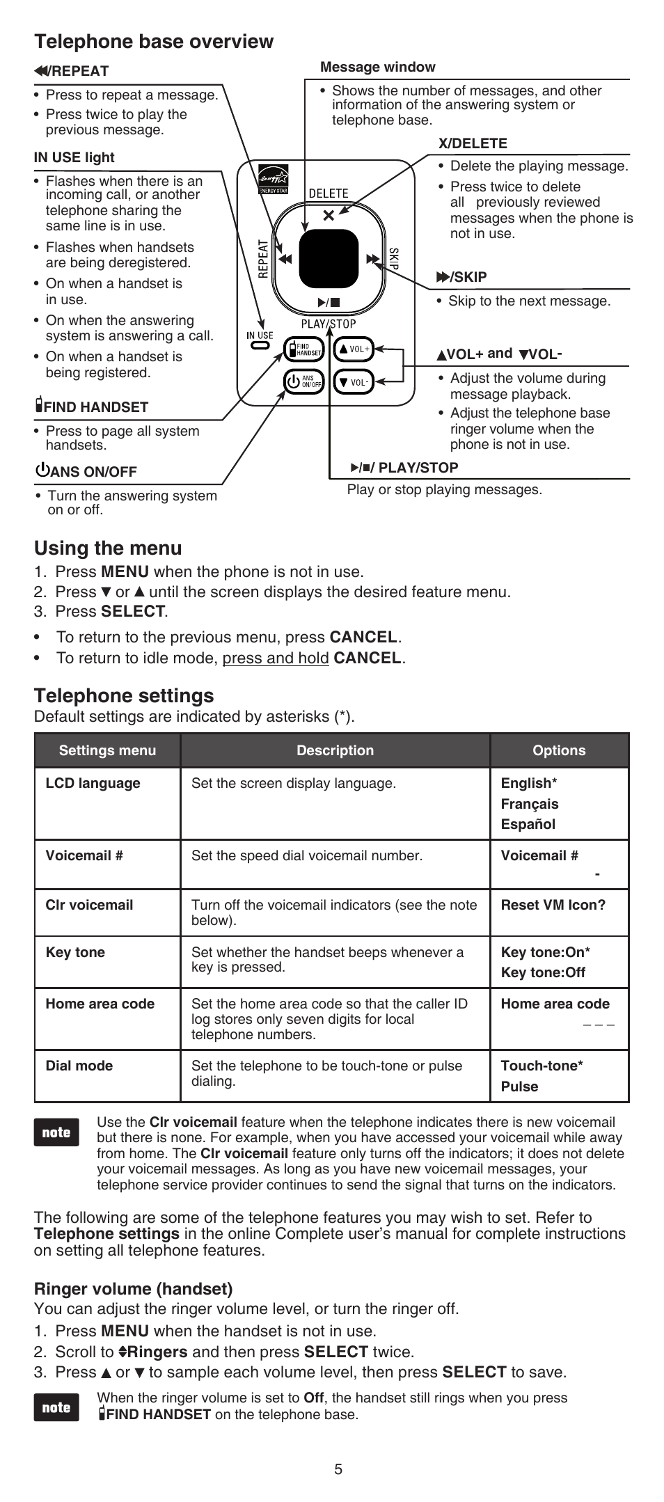 Telephone base overview, Using the menu, Telephone settings | VTech CS6529-4B Abridged manual User Manual | Page 5 / 14