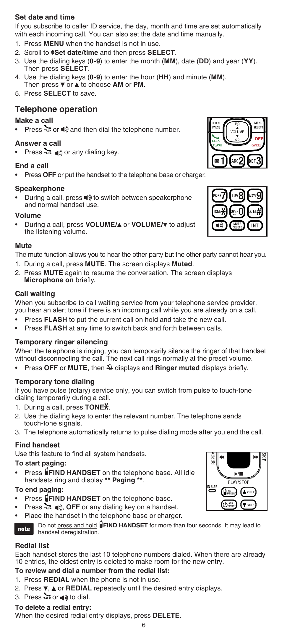 Telephone operation | VTech CS6529-4B Abridged manual User Manual | Page 6 / 14