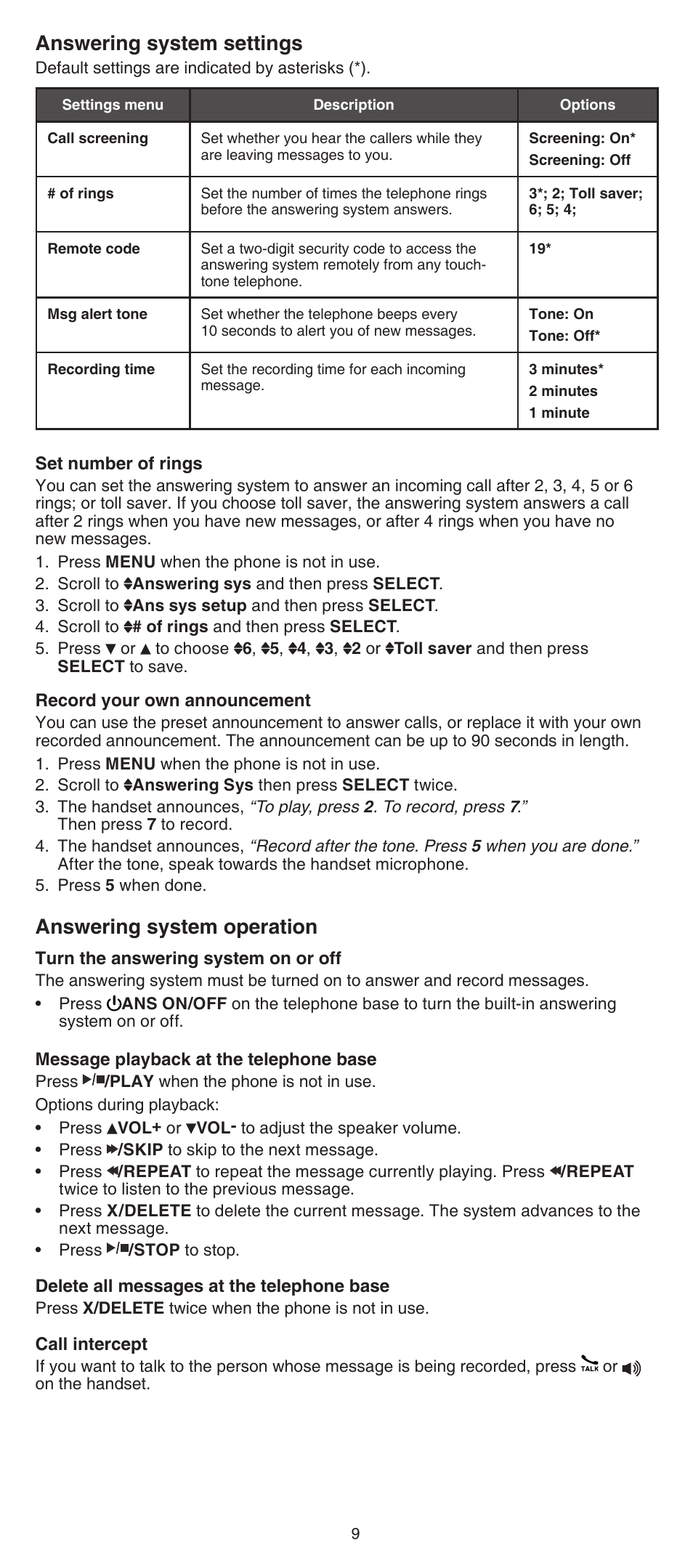 Answering system settings, Answering system operation | VTech CS6529-4B Abridged manual User Manual | Page 9 / 14