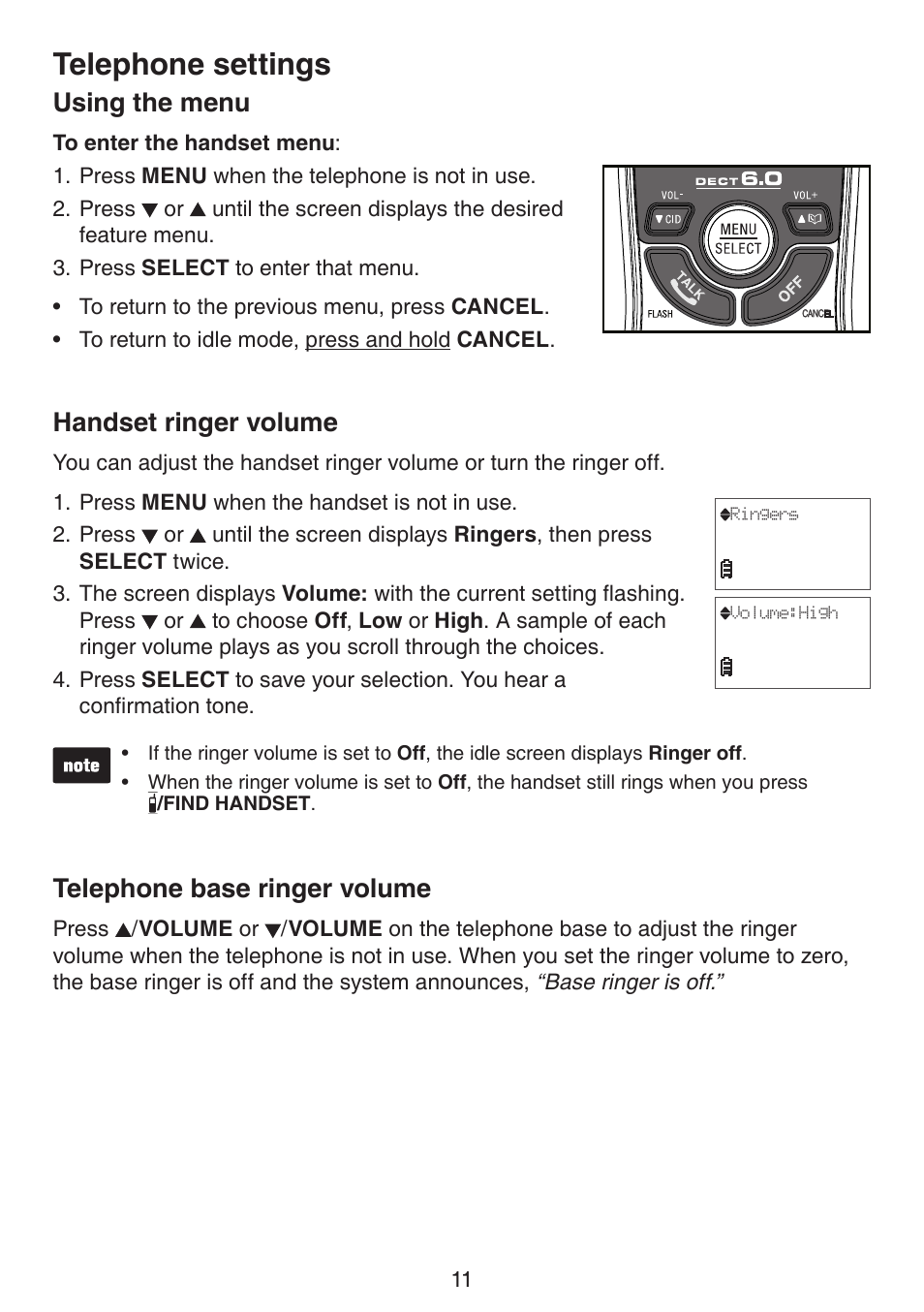 Telephone settings, Using the menu, Ringer volume | Telephone base ringer volume, Handset ringer volume | VTech CS6124_-2-31 (without CHARGE LED) Manual User Manual | Page 15 / 71