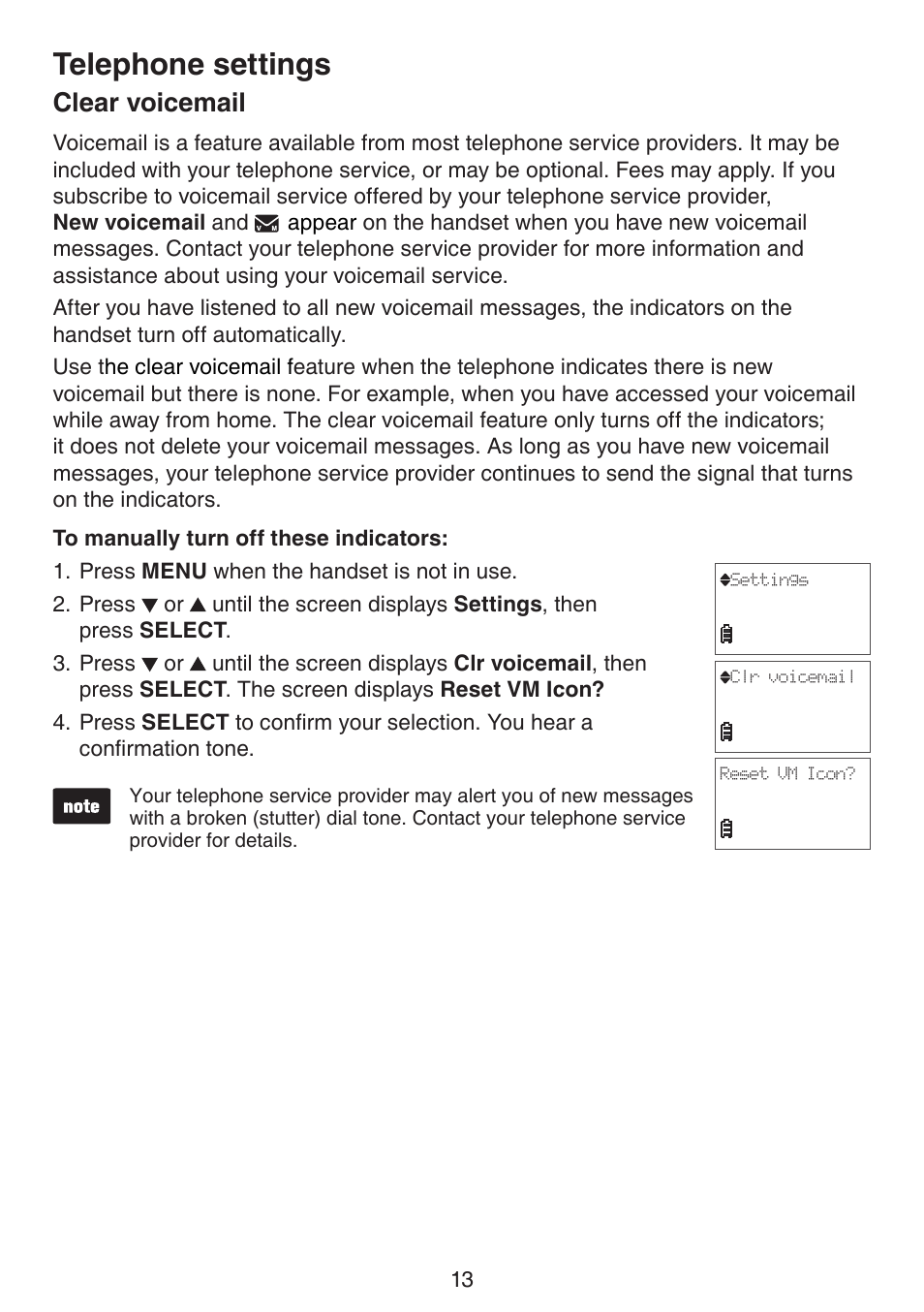 Clear voicemail, Telephone settings | VTech CS6124_-2-31 (without CHARGE LED) Manual User Manual | Page 17 / 71