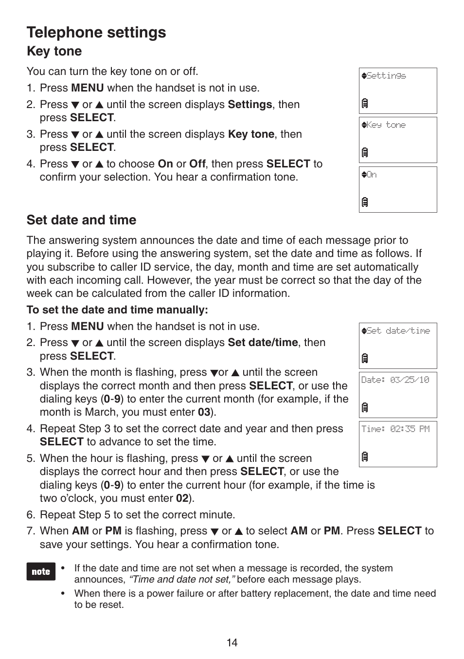 Set date and time, Key tone, Key tone set date and time | Telephone settings | VTech CS6124_-2-31 (without CHARGE LED) Manual User Manual | Page 18 / 71