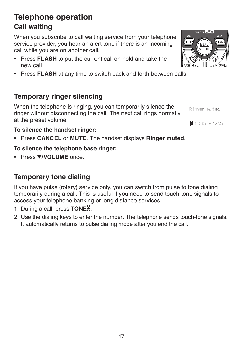 Call waiting, Temporary ringer silencing, Temporary tone dialing | Telephone operation | VTech CS6124_-2-31 (without CHARGE LED) Manual User Manual | Page 21 / 71