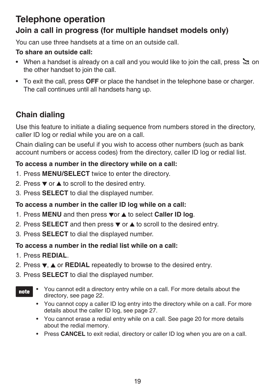 Chain dialing, Join a call in progress chain dialing, Telephone operation | VTech CS6124_-2-31 (without CHARGE LED) Manual User Manual | Page 23 / 71