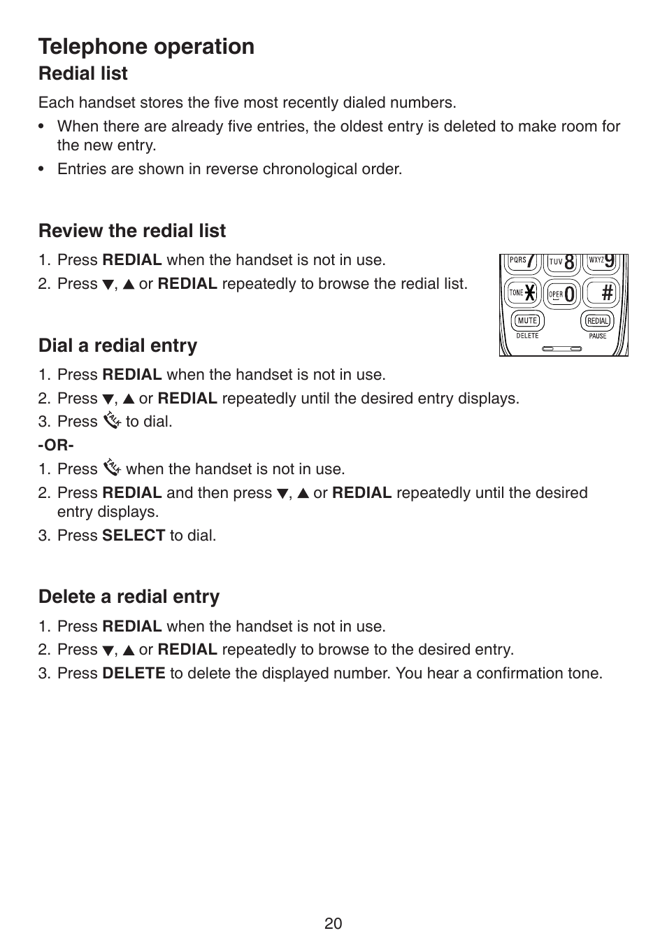 Redial list, Review the redial list, Dial a redial entry | Delete a redial entry, Telephone operation | VTech CS6124_-2-31 (without CHARGE LED) Manual User Manual | Page 24 / 71