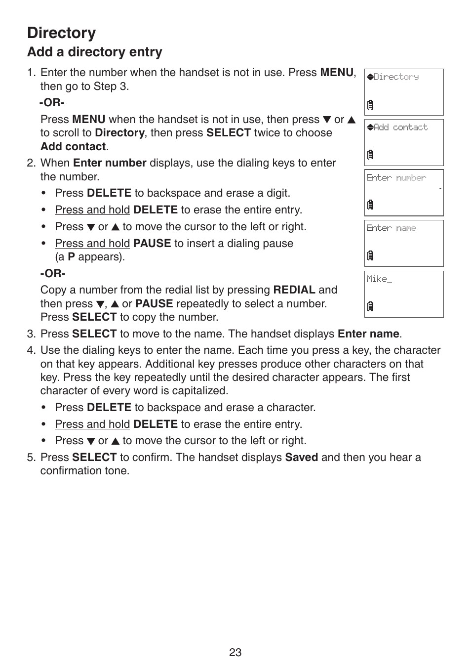 Add a directory entry, Directory | VTech CS6124_-2-31 (without CHARGE LED) Manual User Manual | Page 27 / 71