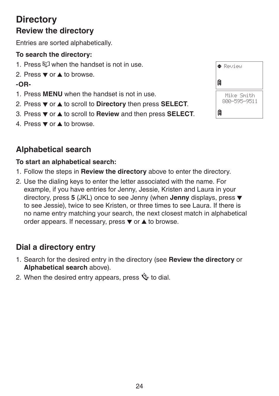 Review the directory, Alphabetical search, Dial a directory entry | Directory | VTech CS6124_-2-31 (without CHARGE LED) Manual User Manual | Page 28 / 71