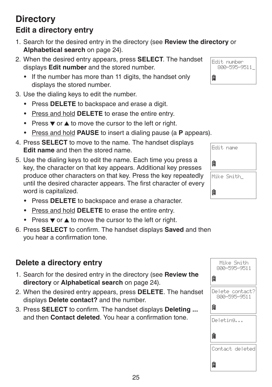 Edit a directory entry, Delete a directory entry, Edit a directory entry delete a directory entry | Directory | VTech CS6124_-2-31 (without CHARGE LED) Manual User Manual | Page 29 / 71